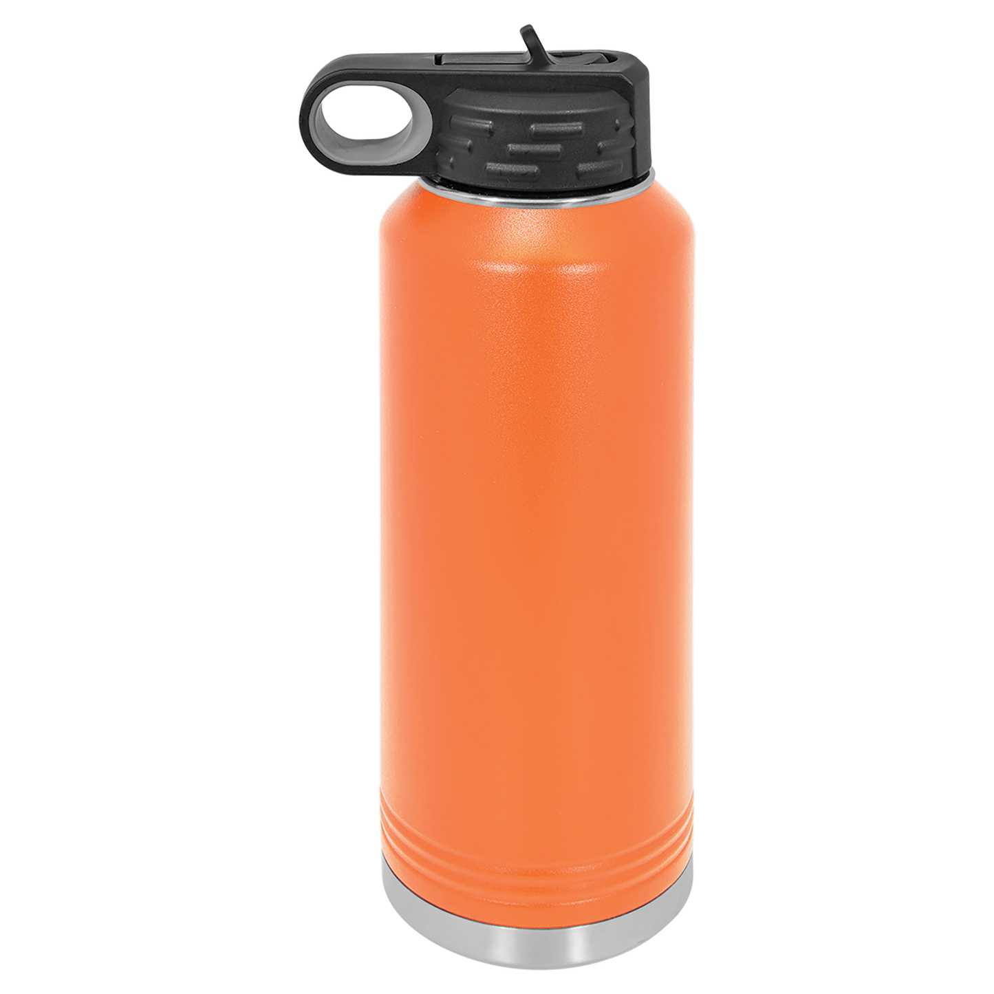 Orange insulated bottle with black lid on a white background