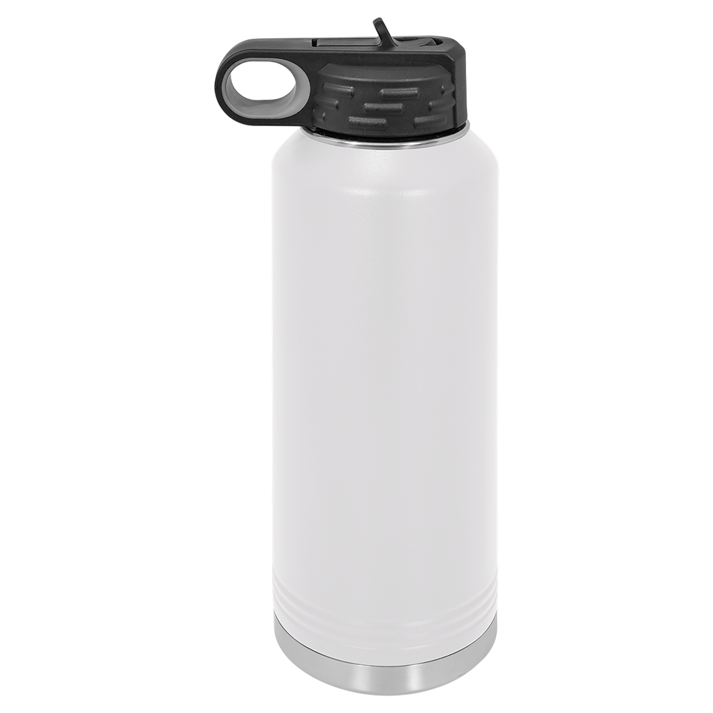 White water bottle with black lid on a white background