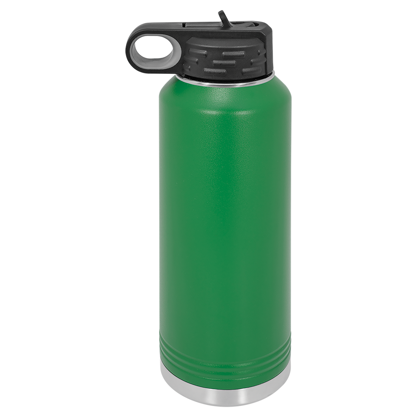 Green insulated bottle with black lid on a white background