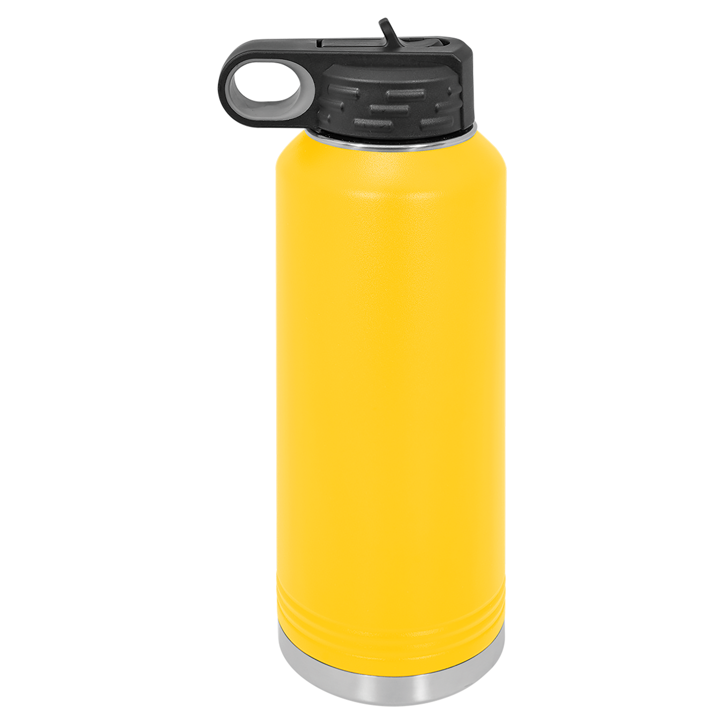 Yellow water bottle with a black lid on a white background